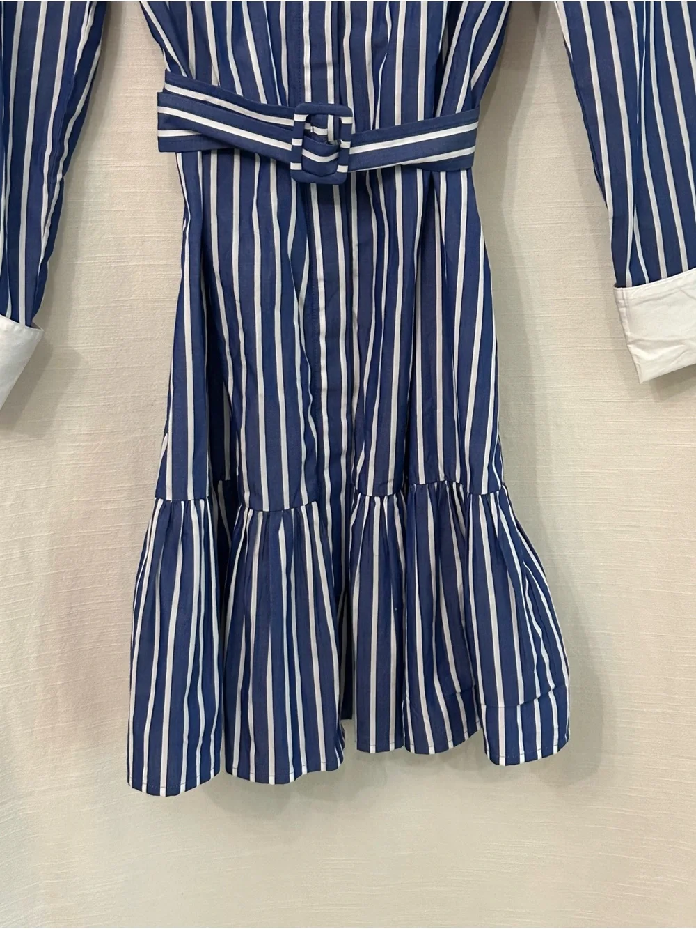 J. Crew Classic Preppy Blue & White Striped Belted Shirt Dress w/Contrast Collar